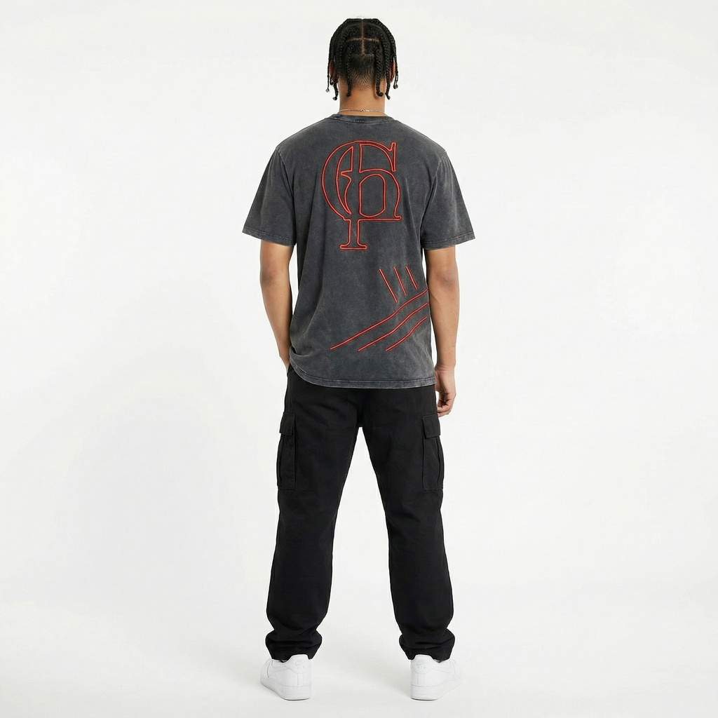 Stonewashed Tee - Red Embroidery (Oversized)