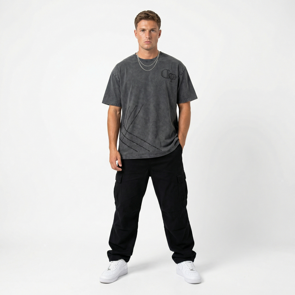 Stonewashed Tee with Black Embroidery (Oversized)
