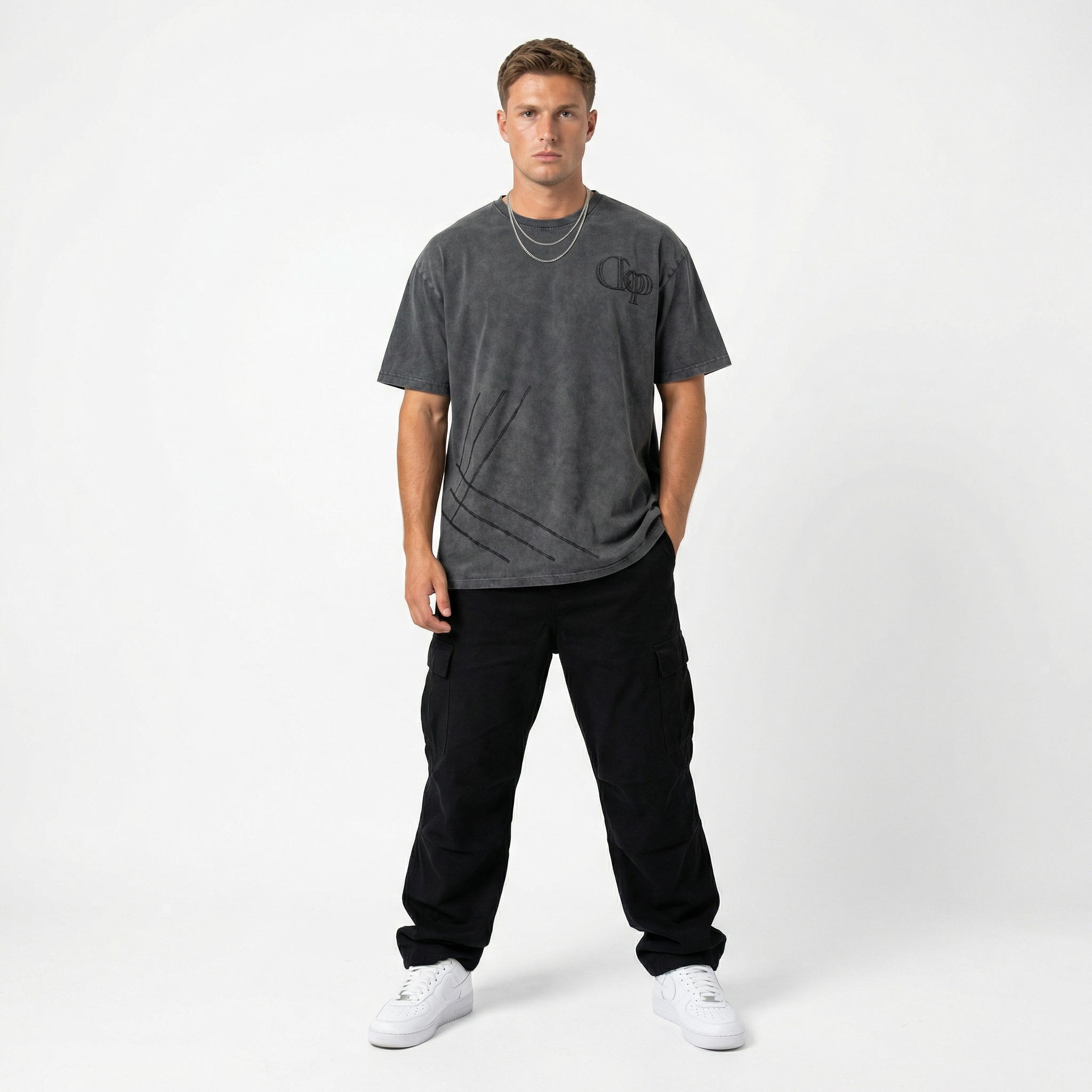 Stonewashed Tee with Black Embroidery (Oversized)