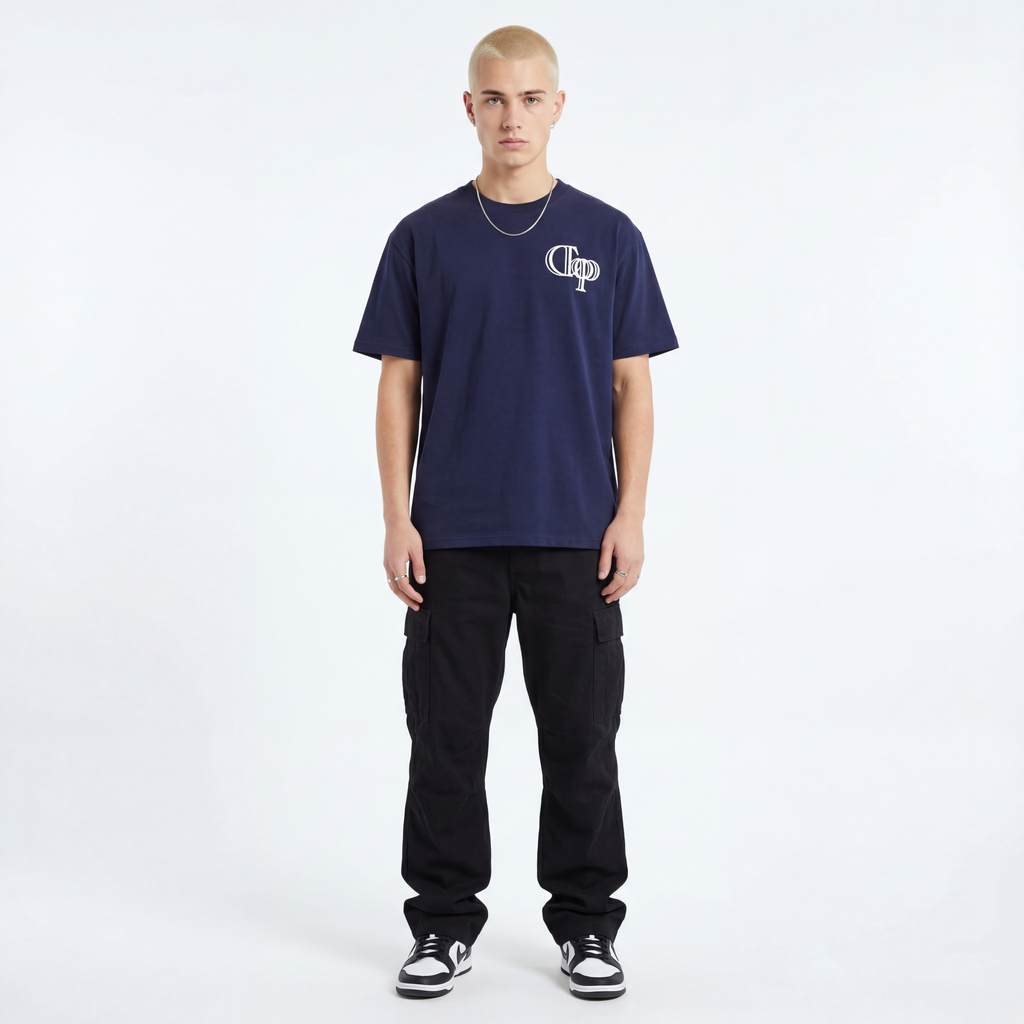 Navy Tee with White Rubber Print (Oversized)