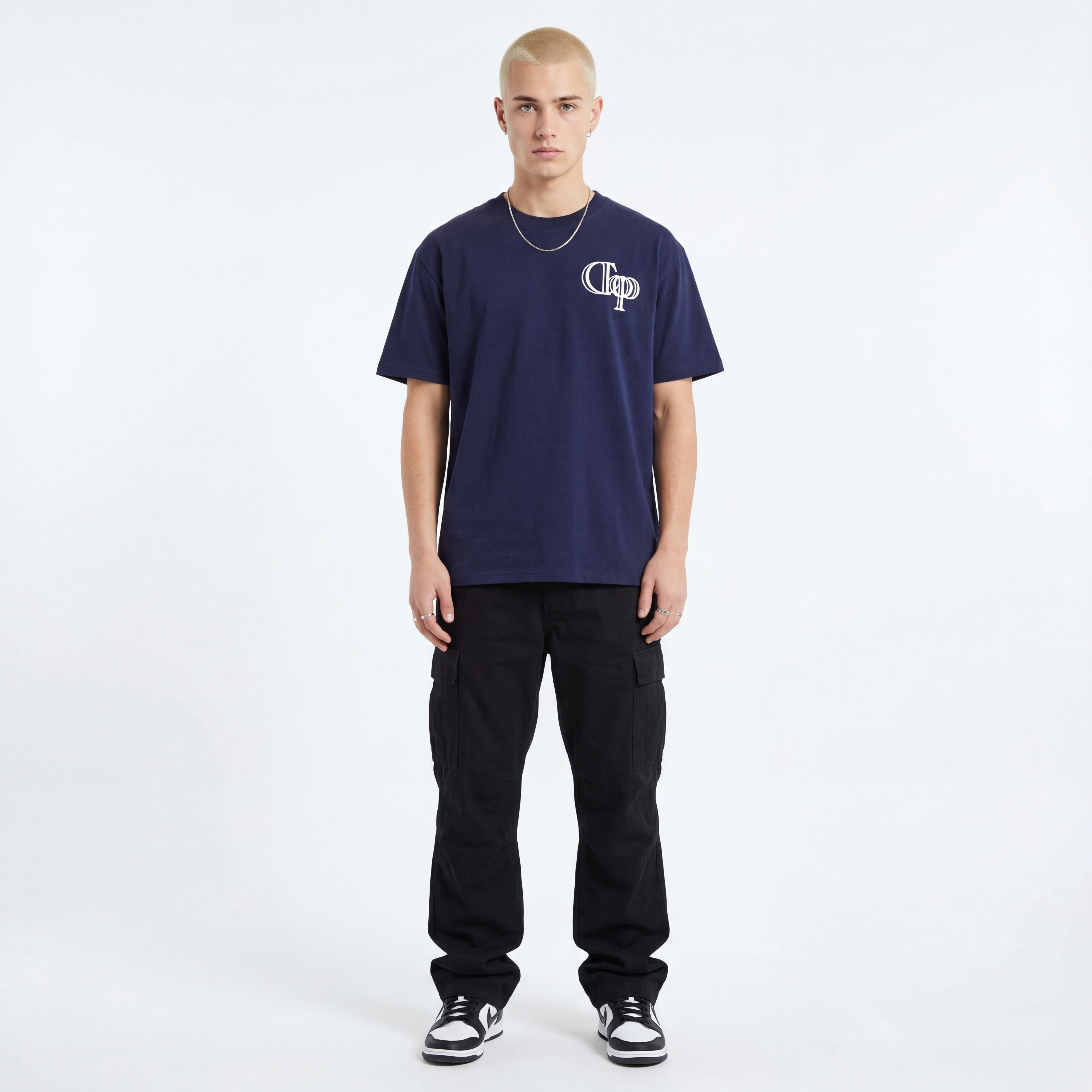 Navy Tee with White Rubber Print (Oversized)