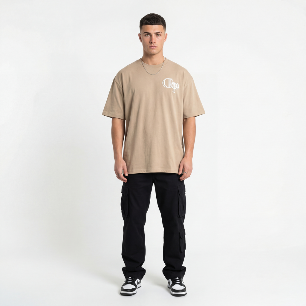 Beige Tee with White Rubber Print (Oversized)