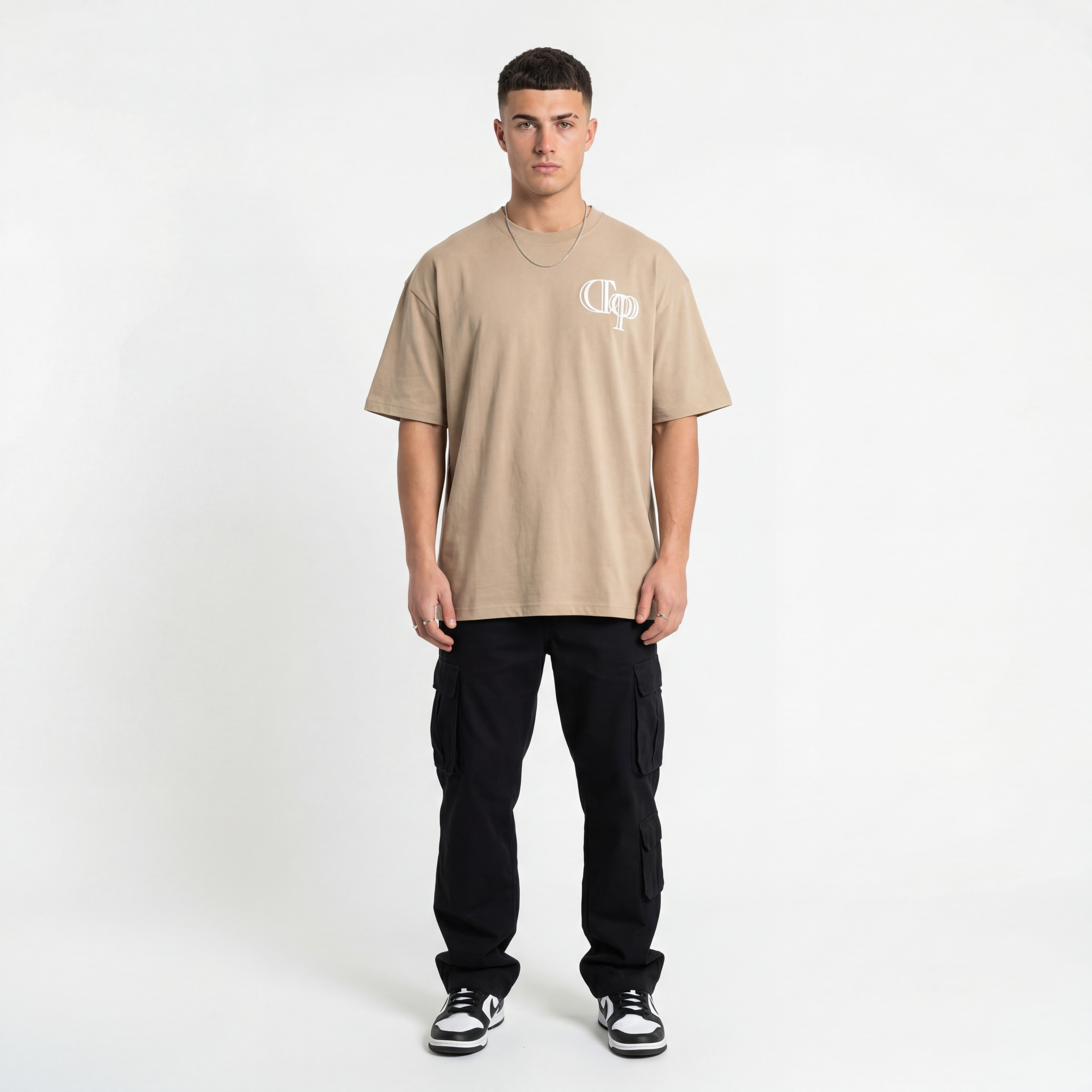 Beige Tee with White Rubber Print (Oversized)