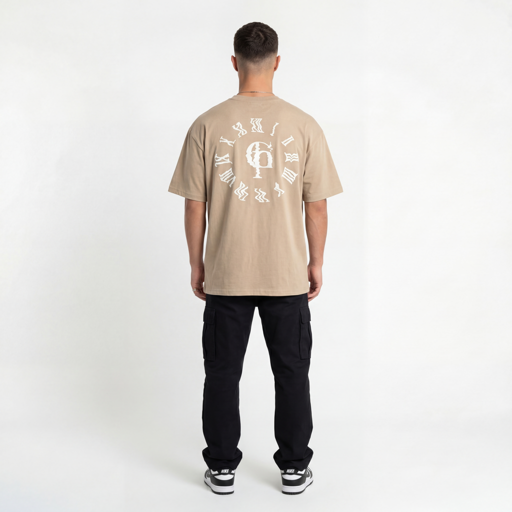 Beige Tee with White Rubber Print (Oversized)