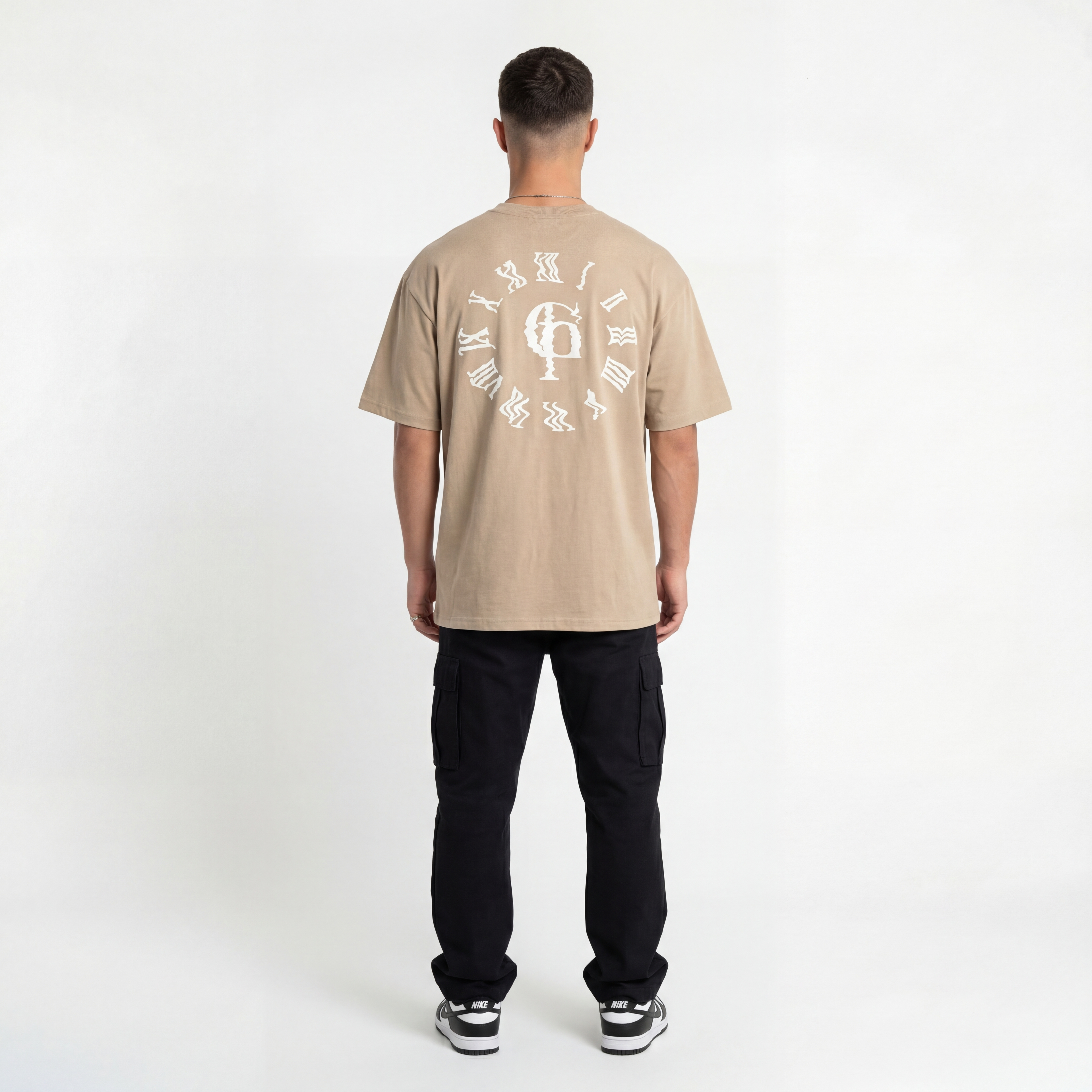Beige Tee with White Rubber Print (Oversized)